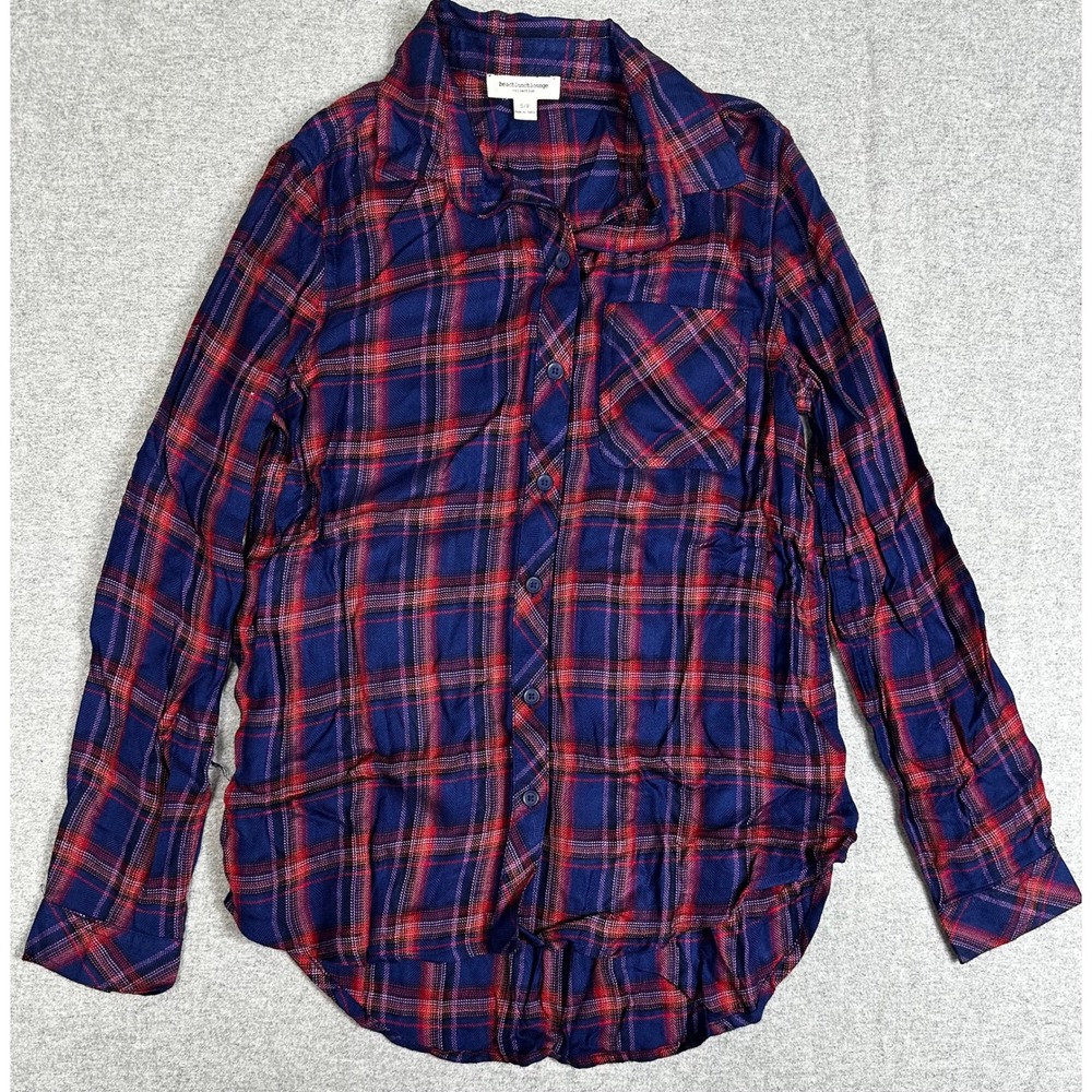 NEW Beachlunchlounge Charley Shirt Womens S Bombay Blue Red Plaid Rayon